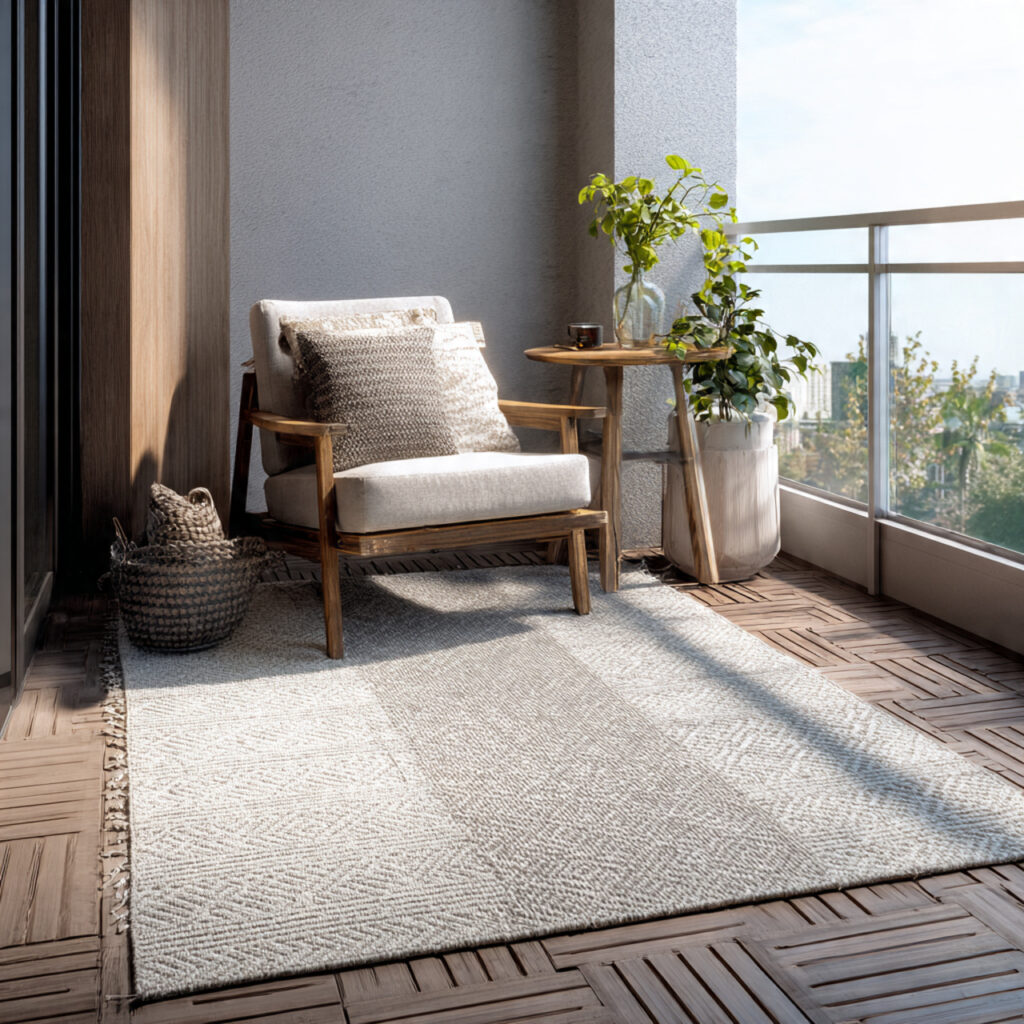 an outdoor rug adds warmth and comfort