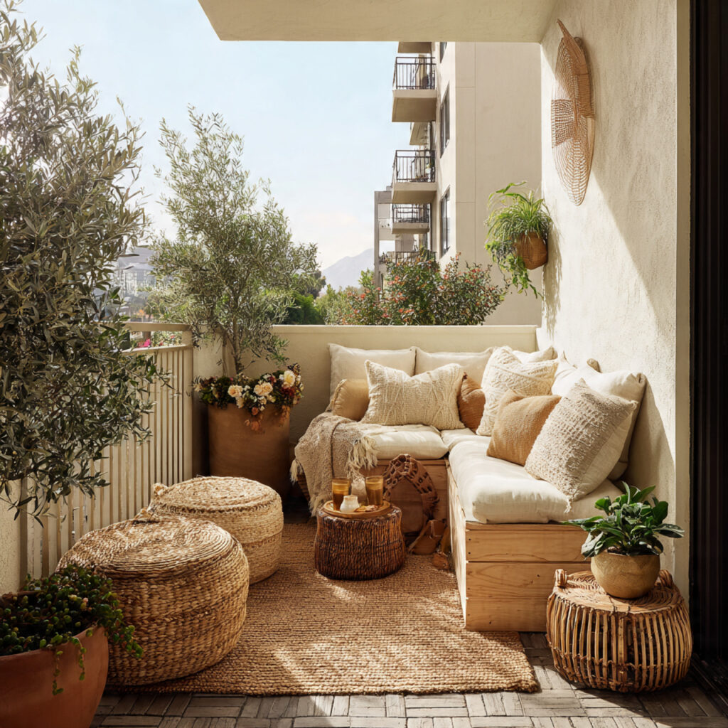 apartment balcony with cozy boho styling textured
