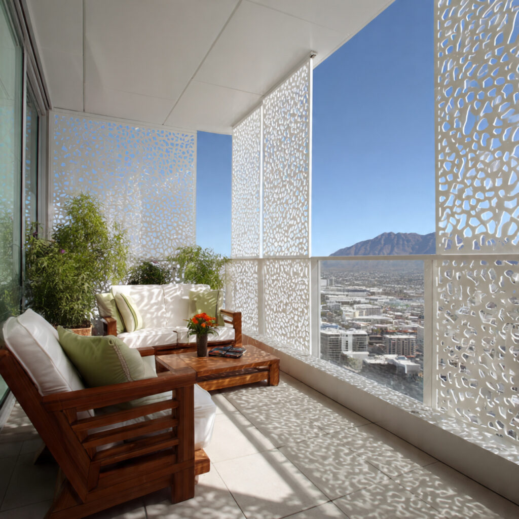 apartment balcony with privacy screens or curtains