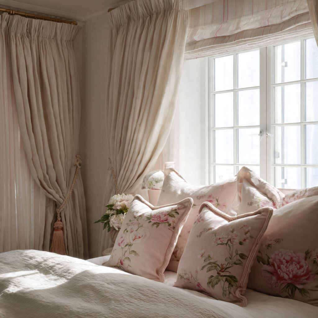bedroom window with soft fabrics and gentle