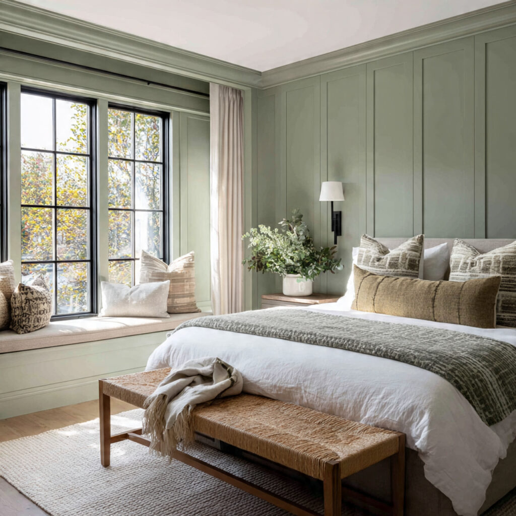 25 Sage Green Bedroom Ideas That Feel Calm and Aesthetic 23 bedroom with sage green window trim
