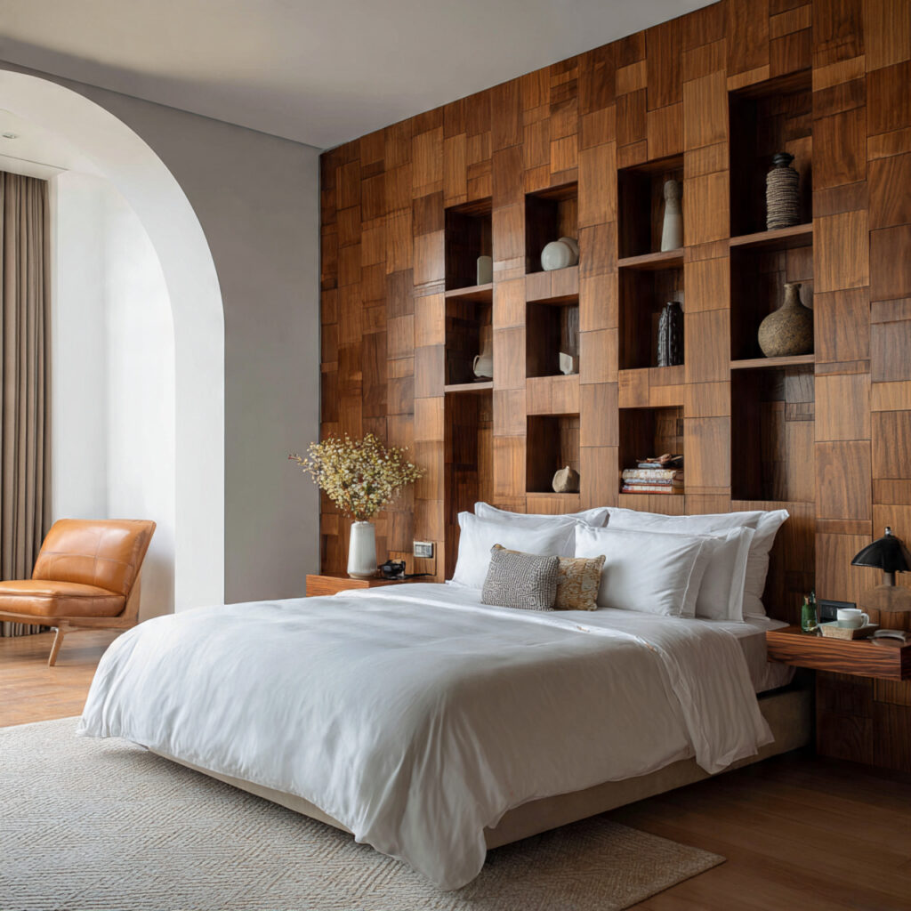 bedroom with wall niches behind the bed