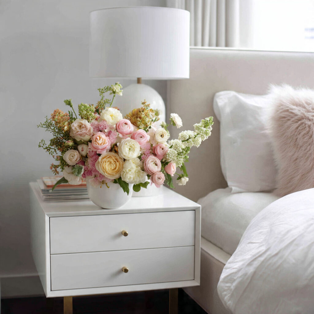 bedside table with a small soft flower