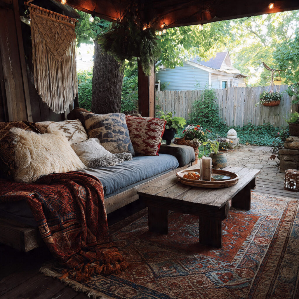 boho patio with throw blankets for cozy