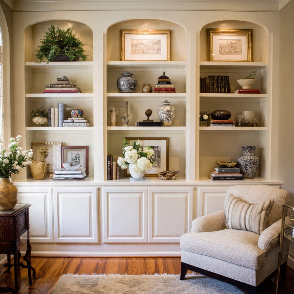 built in shelves add structure and charm