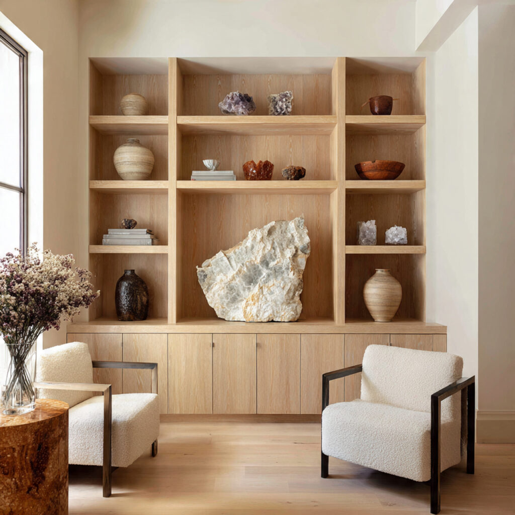 built in shelving with natural finishes