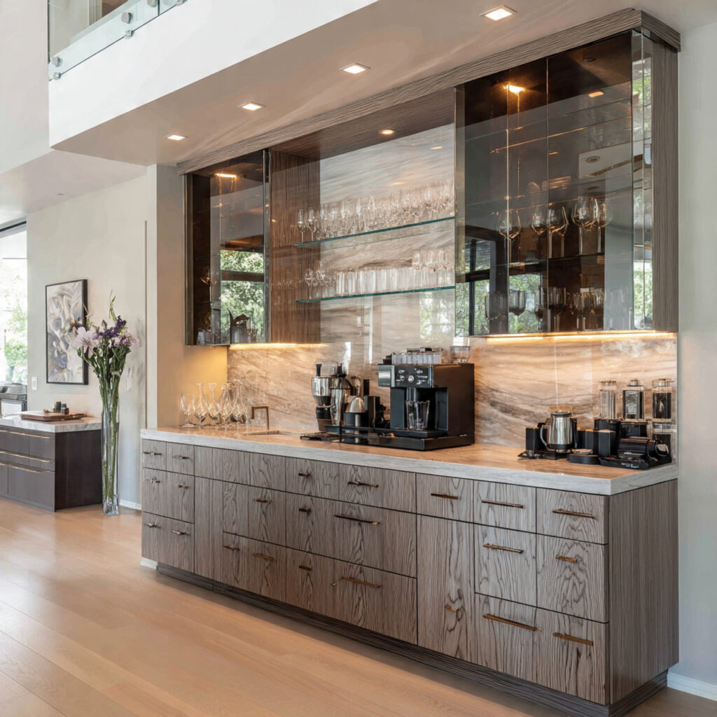 coffee bar with modern glass cabinets