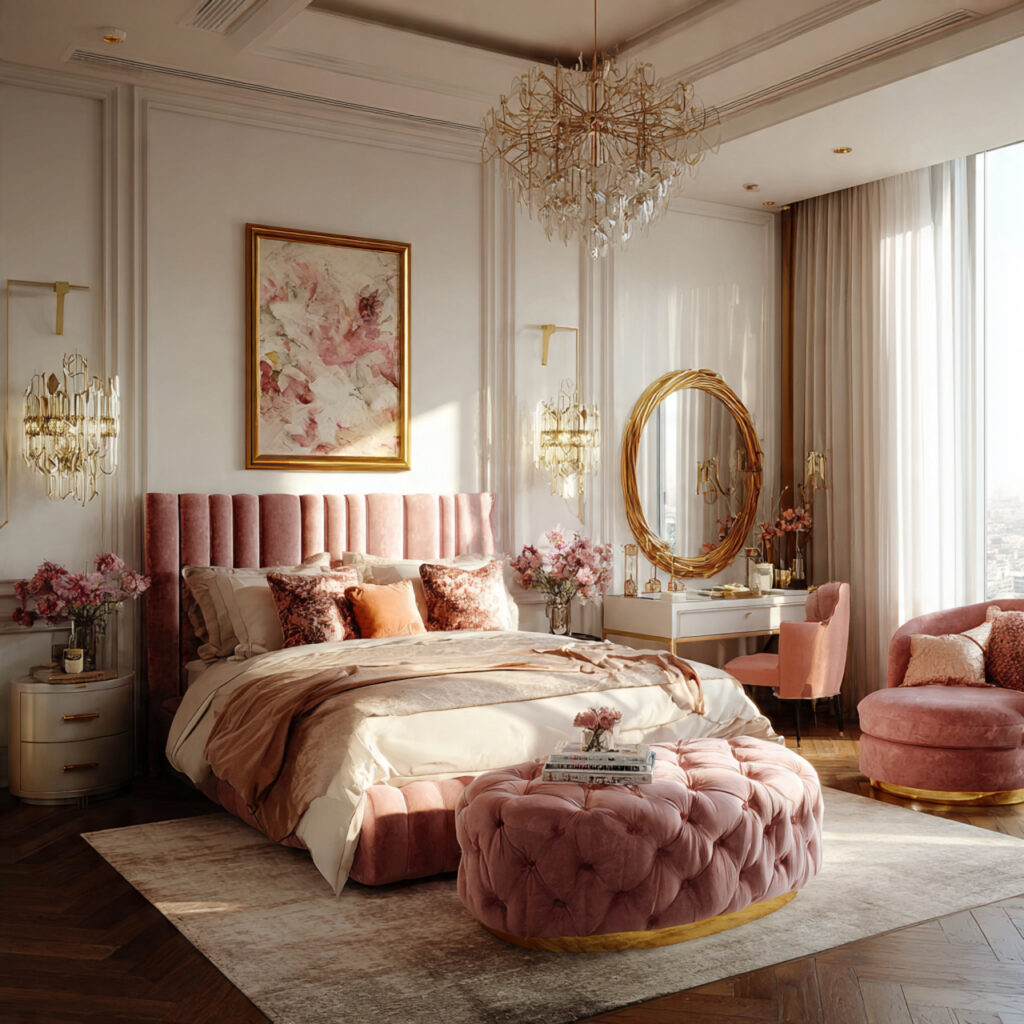 coquette bedroom with gold and pink details