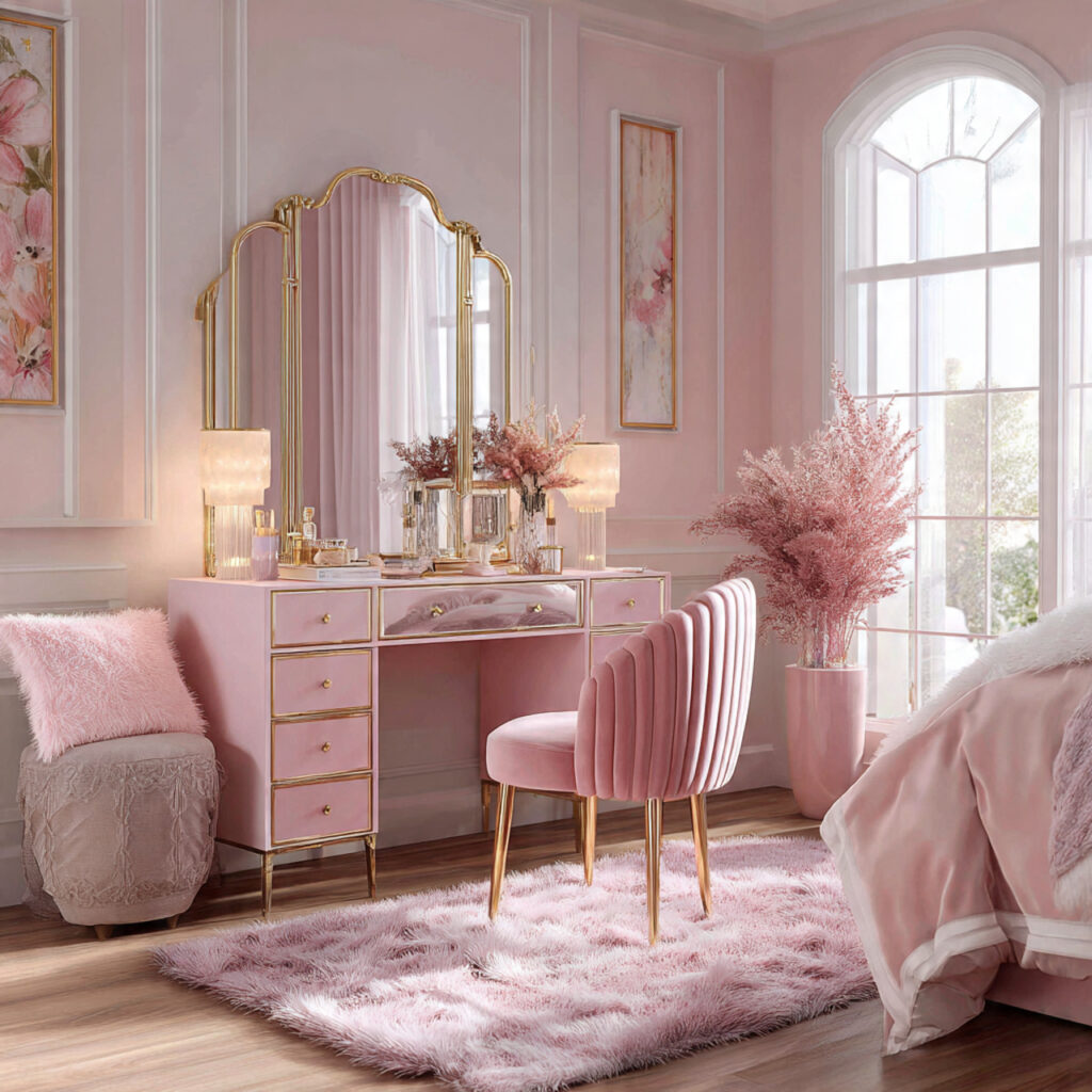 coquette bedroom with pink vanity setup