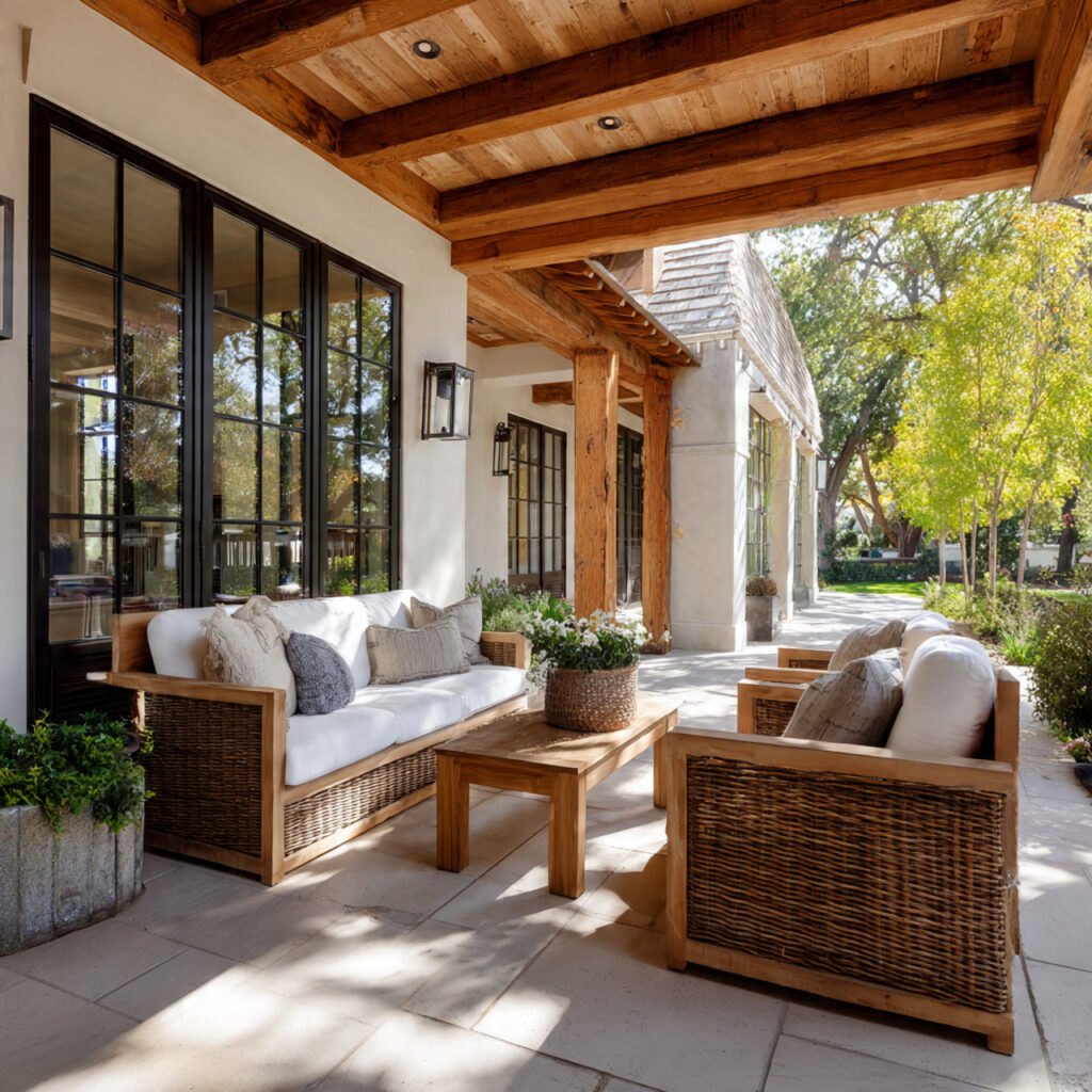 covered patio with natural wood accents