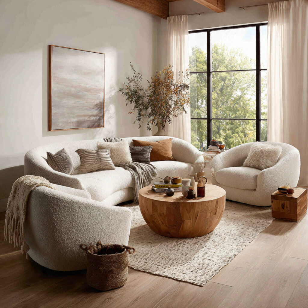cozy earthy living room with curved furniture