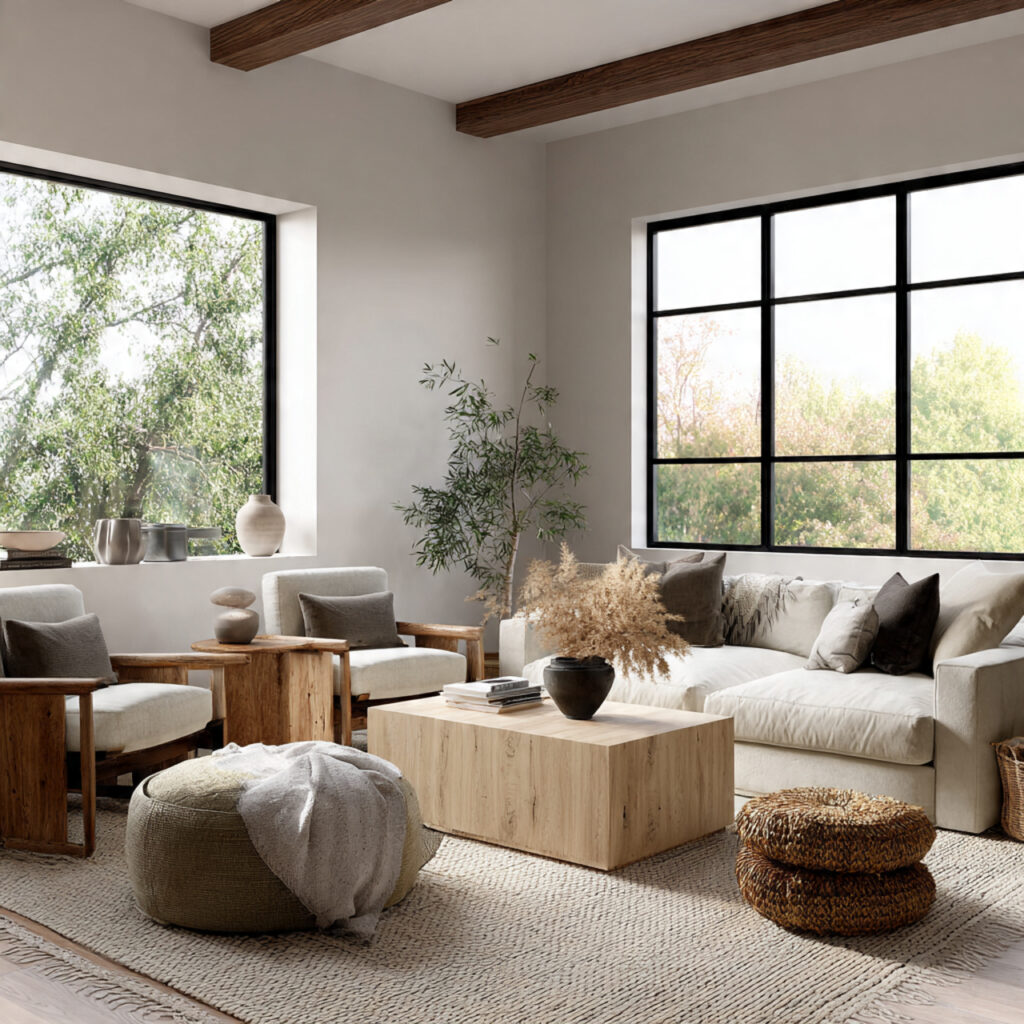 cozy earthy living room with low seating