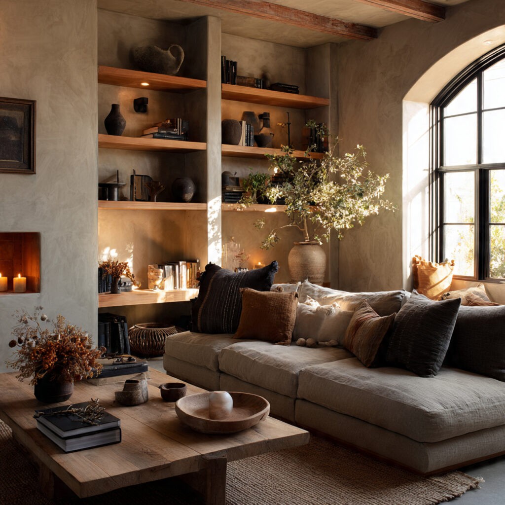 cozy earthy living room with minimal shelving