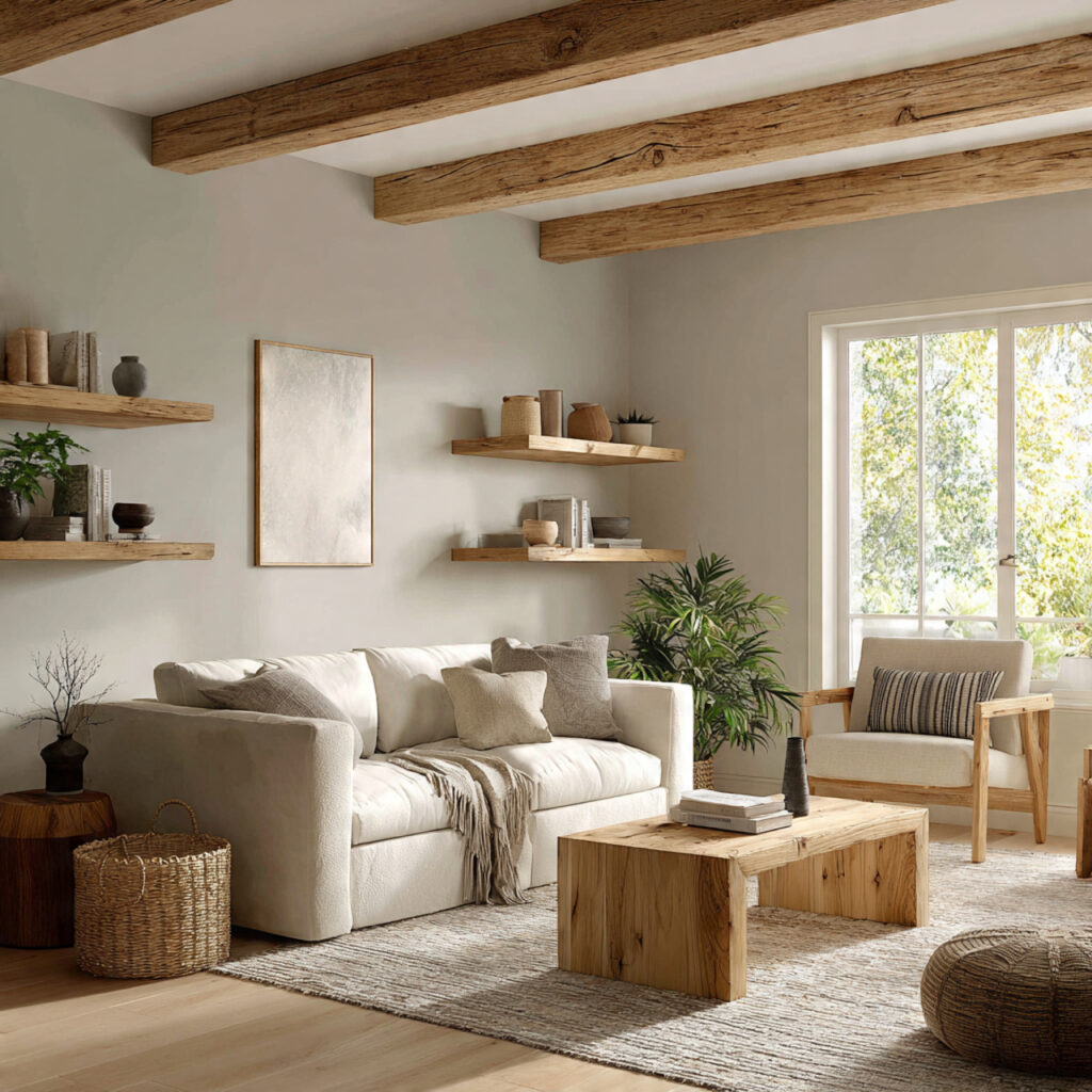 cozy living room with natural wood accents