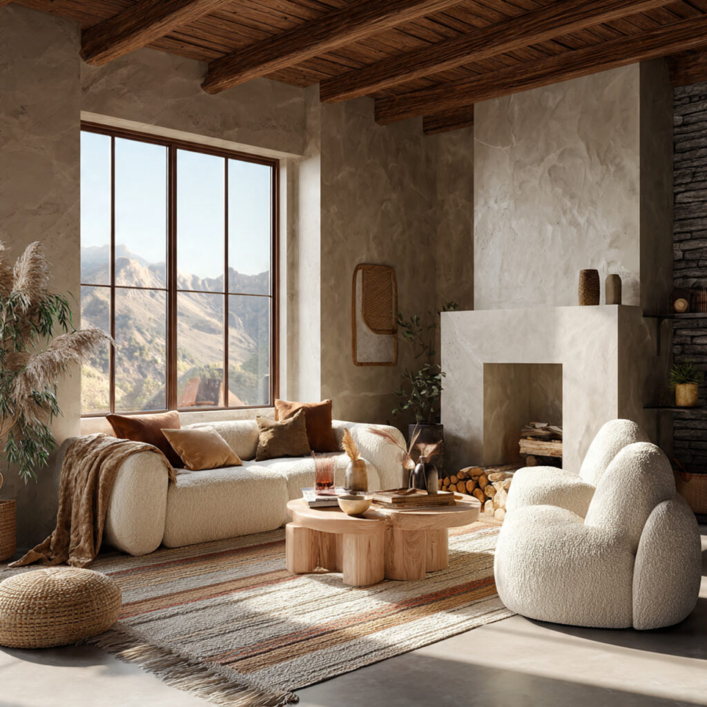 cozy living room with organic shaped decor