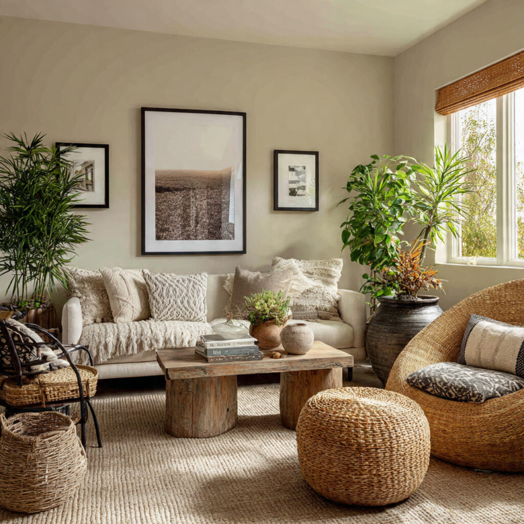 cozy living room with woven and handmade