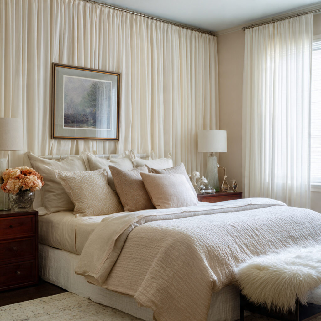 curtains behind the bed create softness and