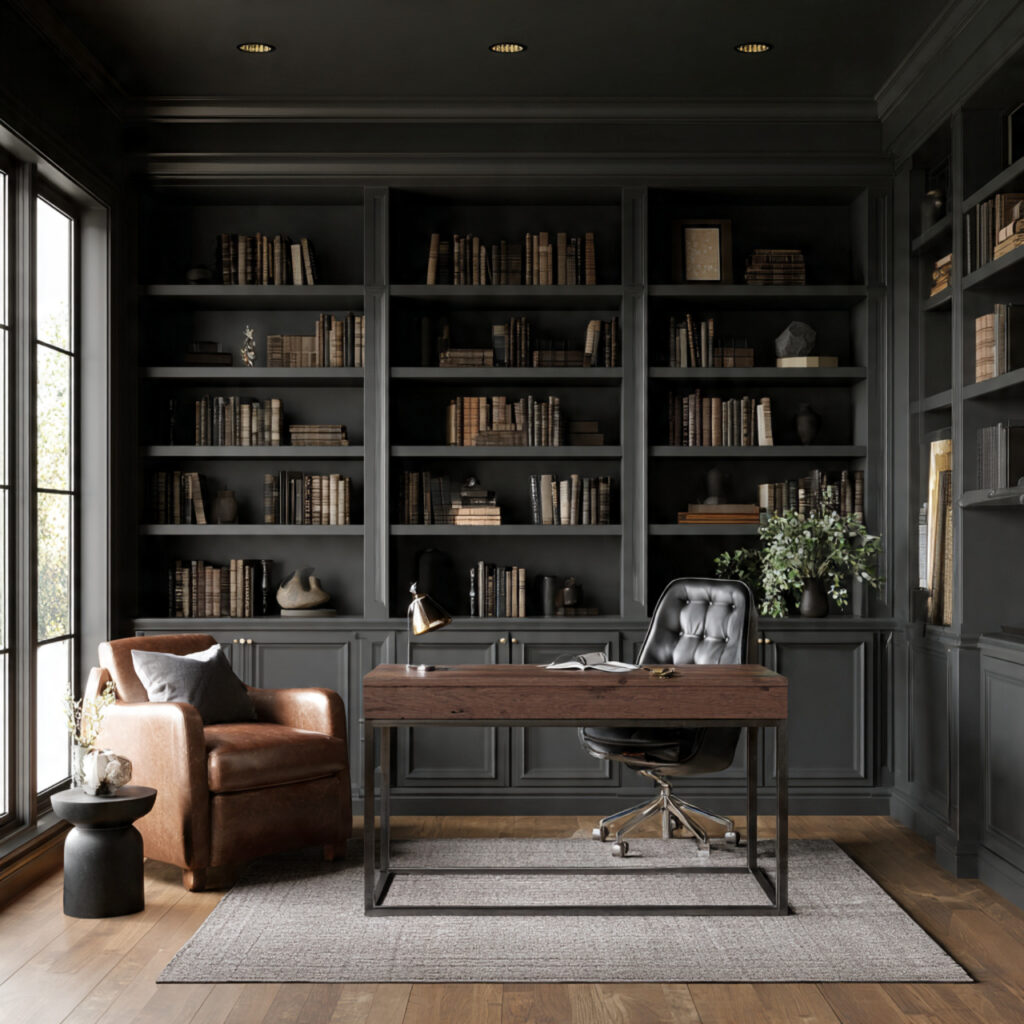 dark bookcases add depth and organization to