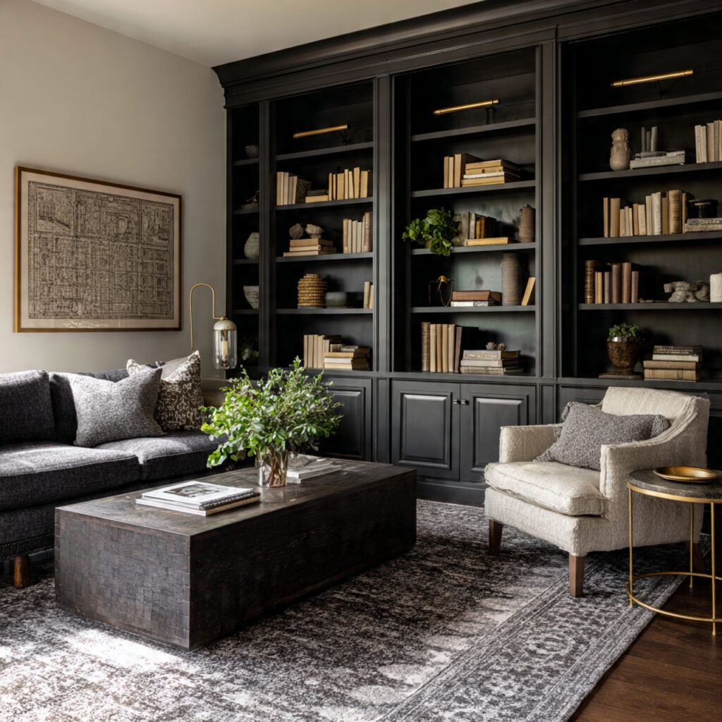 dark built in shelves add structure and