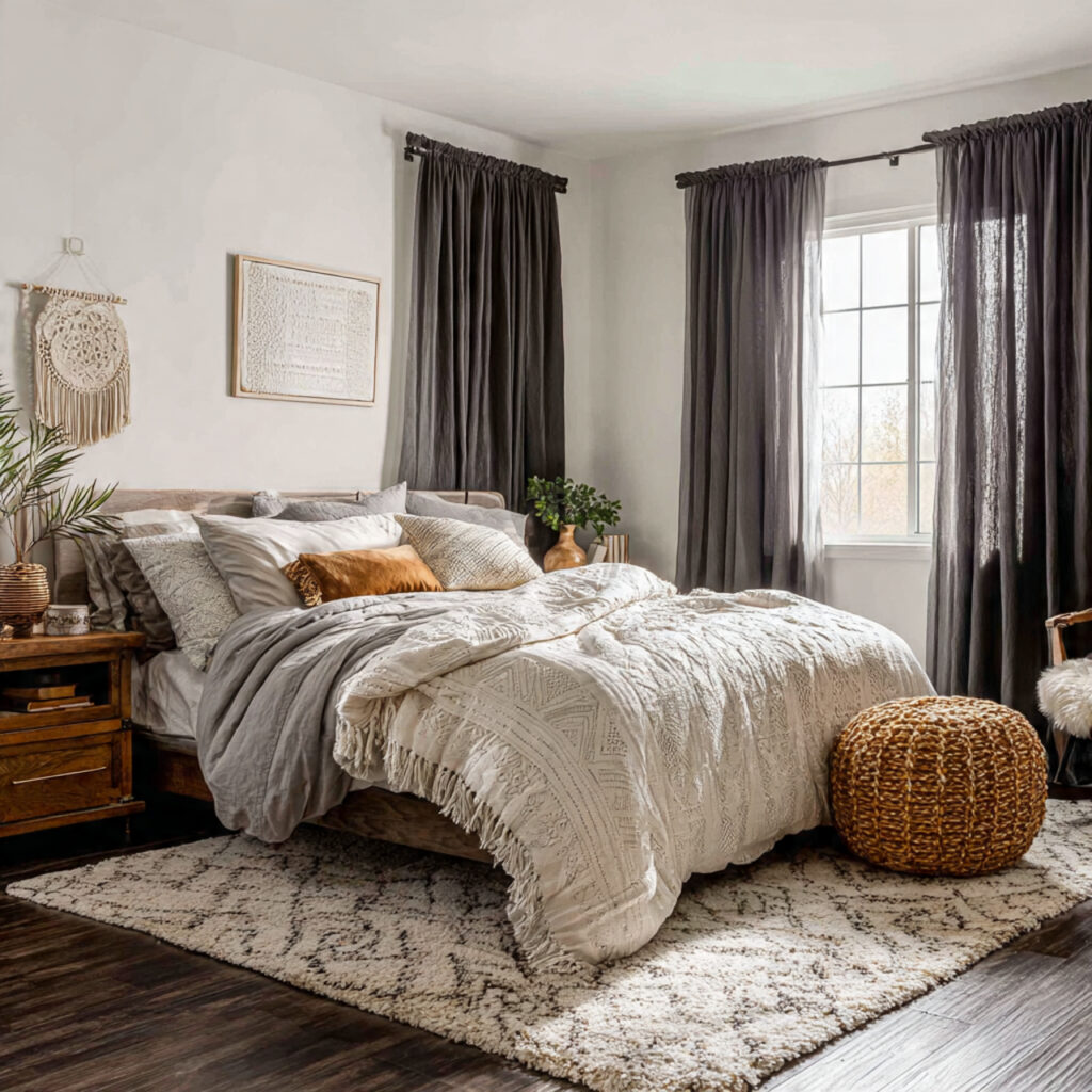 dark curtains add depth to cozy boho