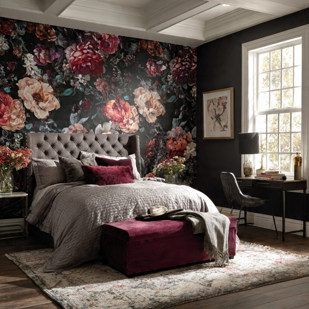 dark floral wallpaper brings instant drama to