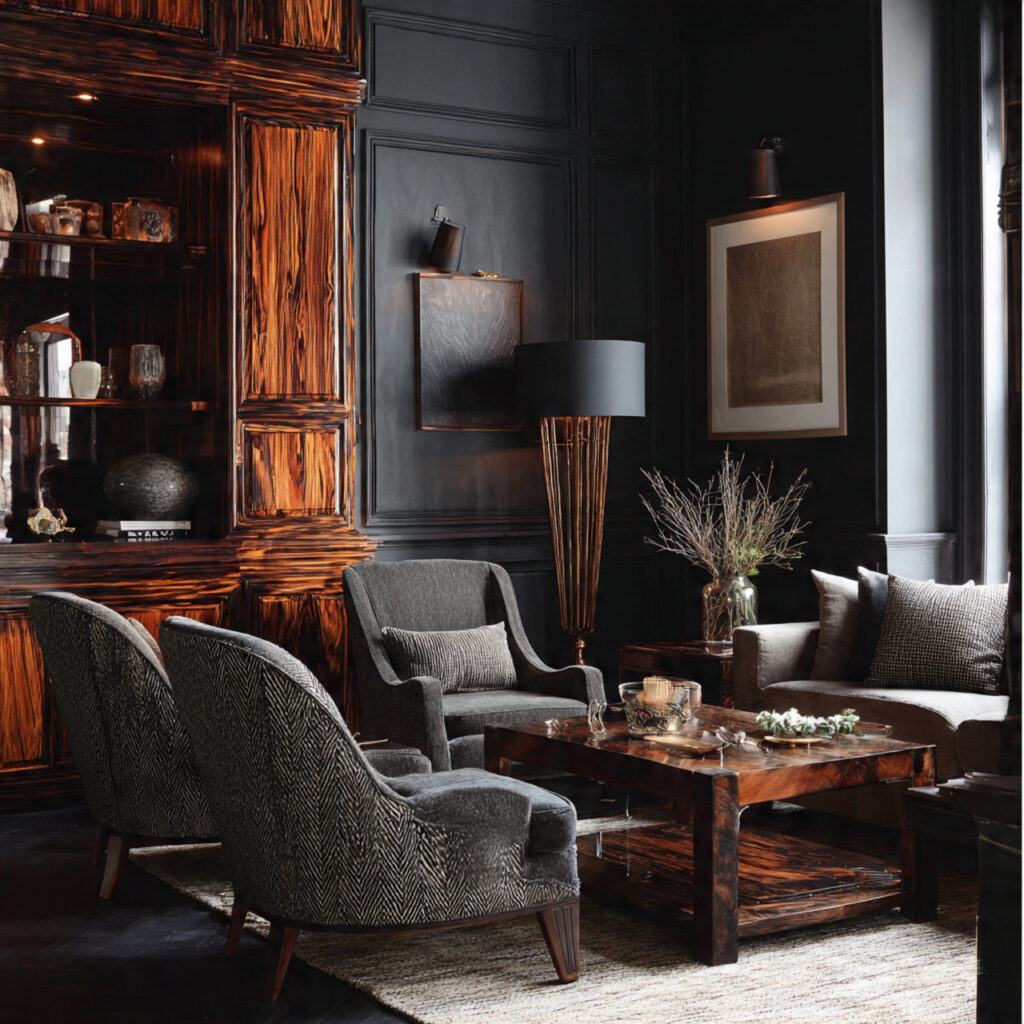 dark wood furniture adds warmth to moody