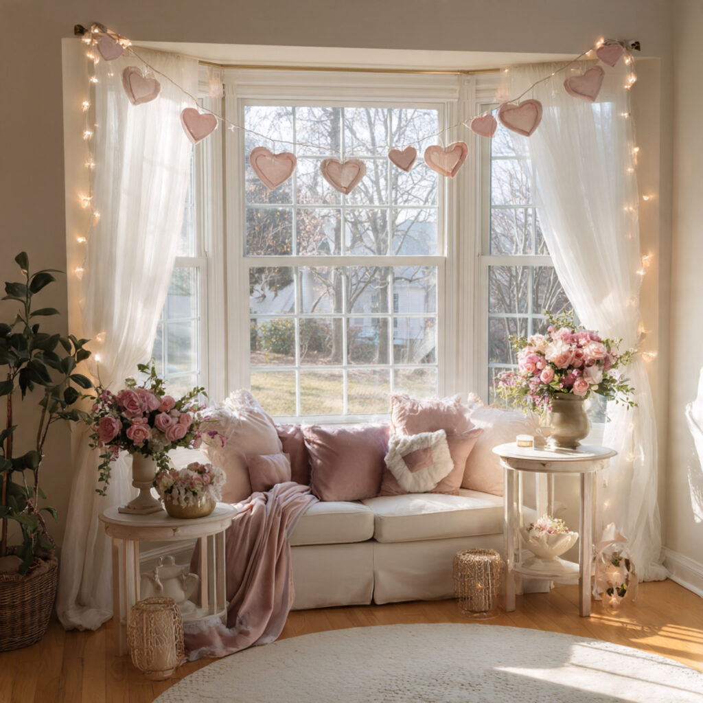 decorating window areas adds softness to valentines