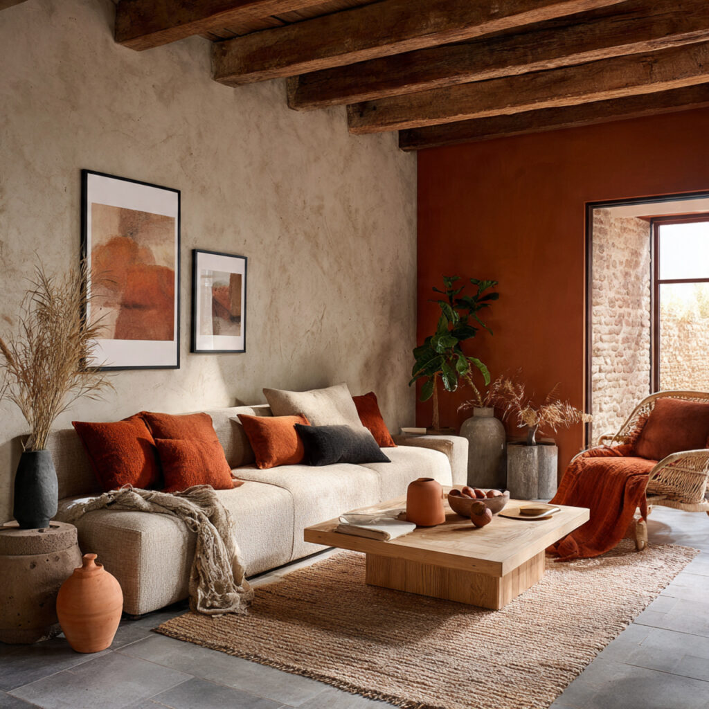 earthy living room with clay and terracotta