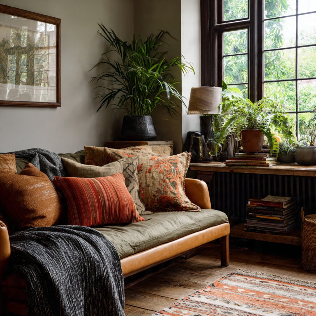 earthy living room with layered cushions and