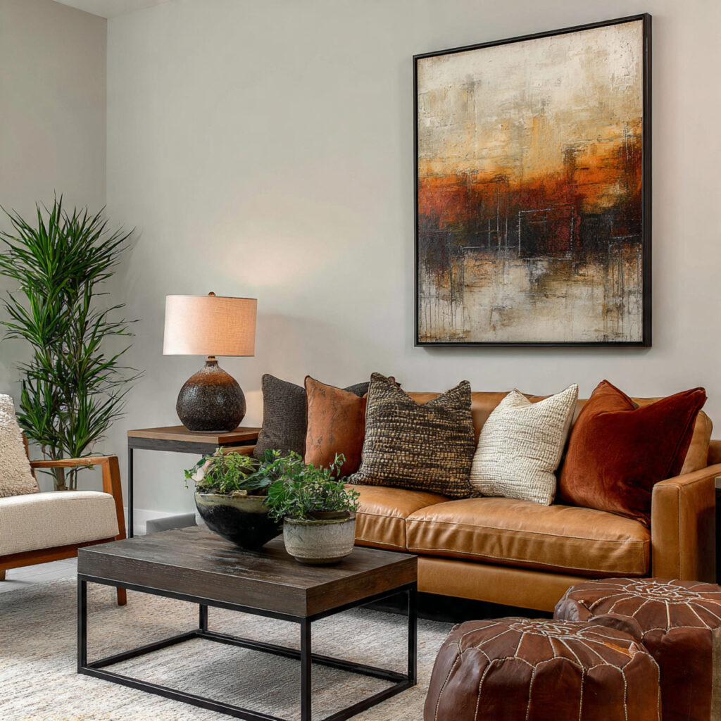 earthy living room with neutral wall art