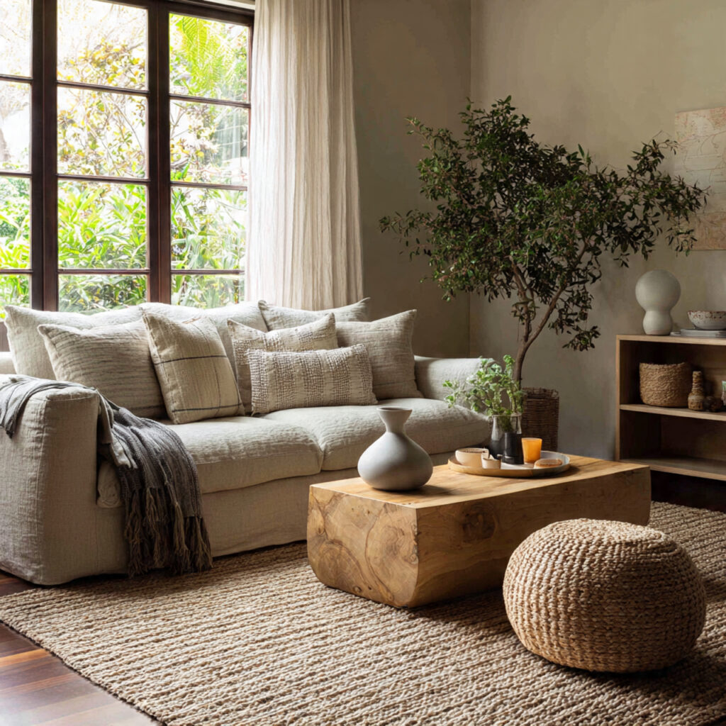 earthy living room with soft textured fabrics
