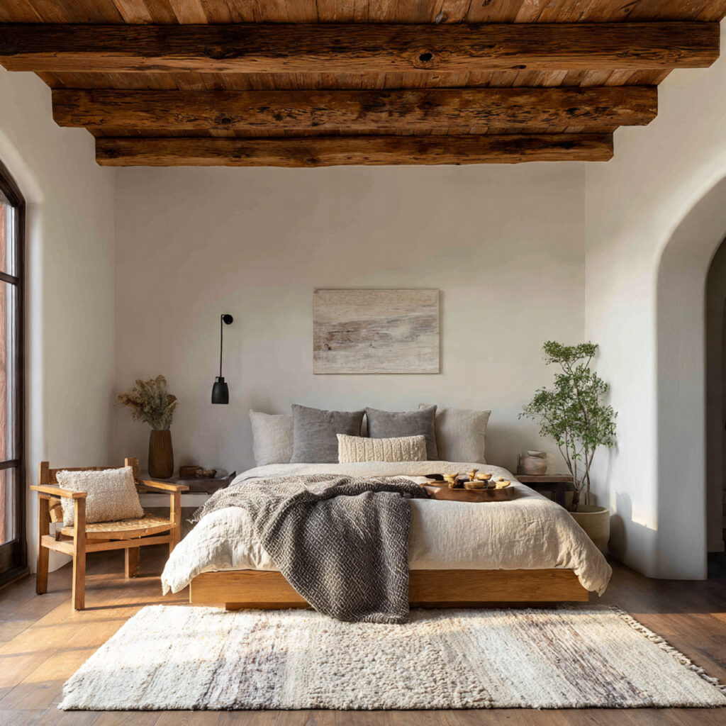earthy minimalist bedroom with exposed natural wood