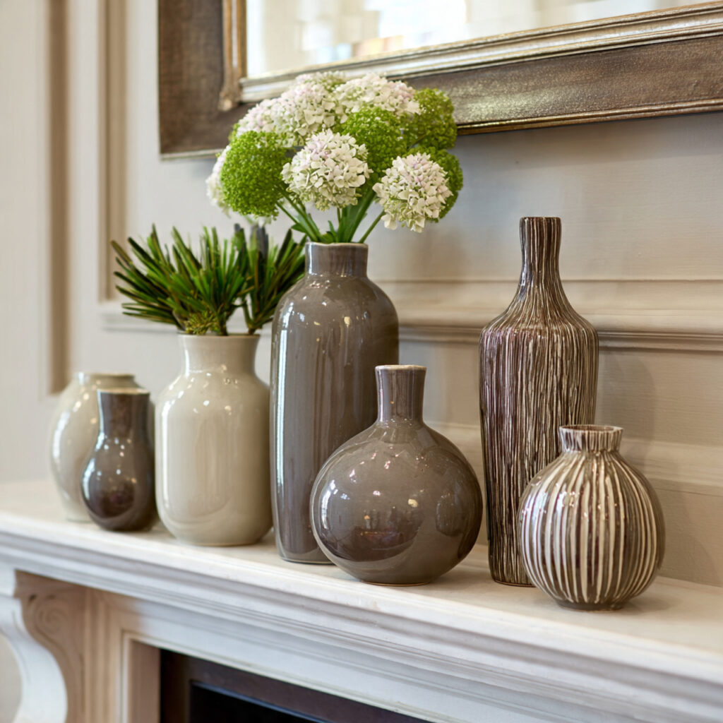 elegant mantle decor with ceramic vases in