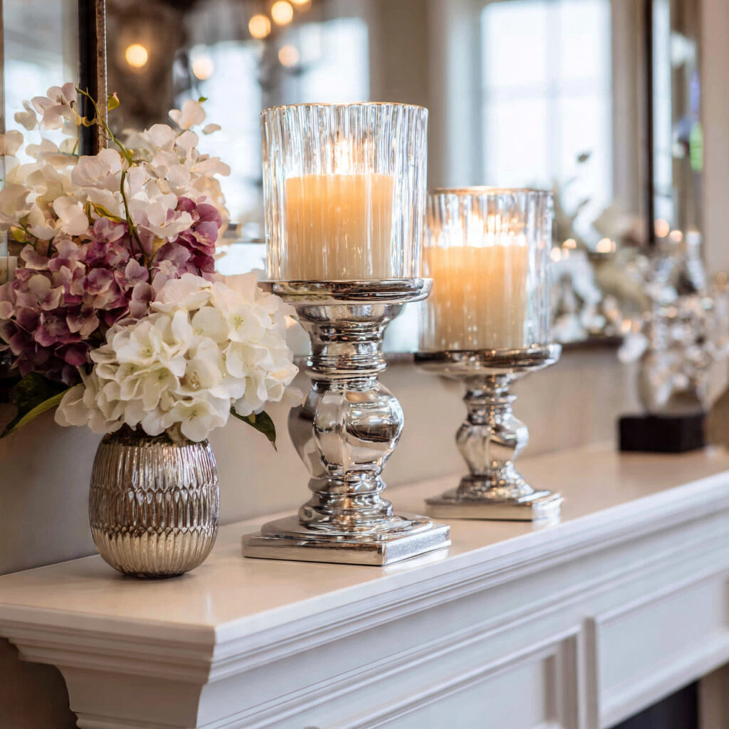 elegant mantle decor with glass candle holders