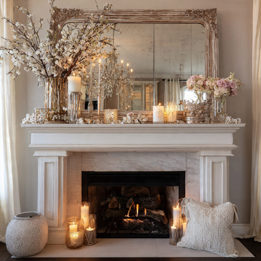 elegant valentine mantle with a mirror as