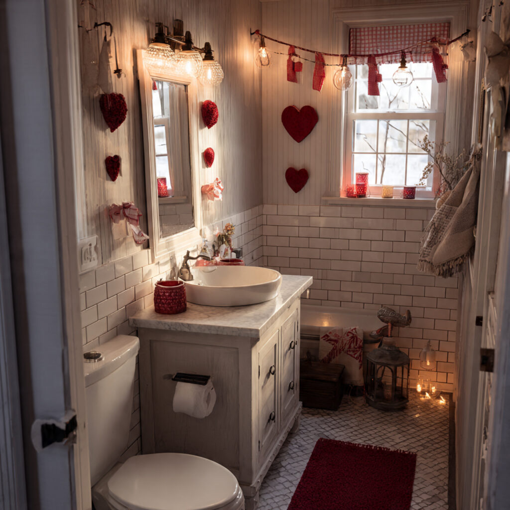 farmhouse bathroom decor with small valentine touches