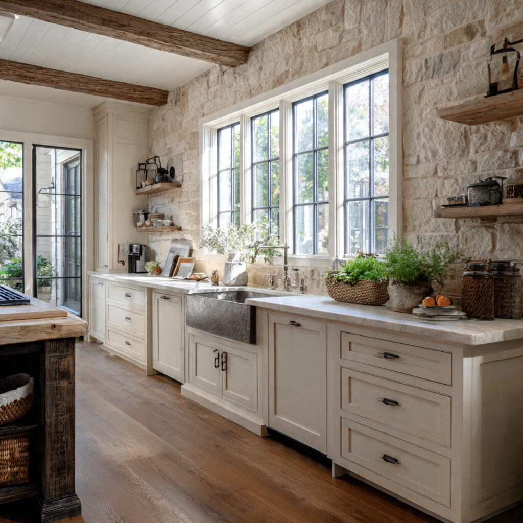 farmhouse kitchen with stone backsplash
