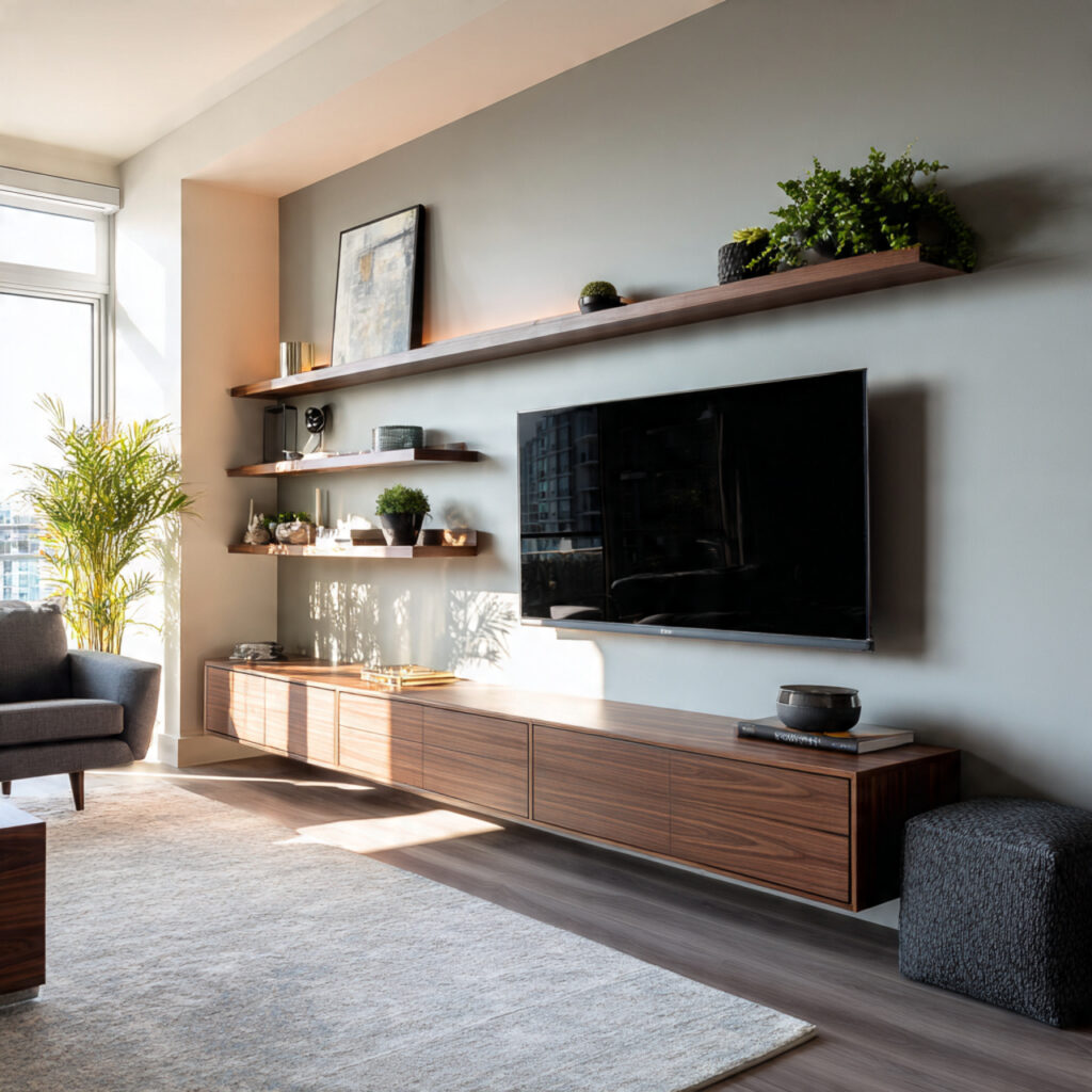 floating media units add a sleek modern