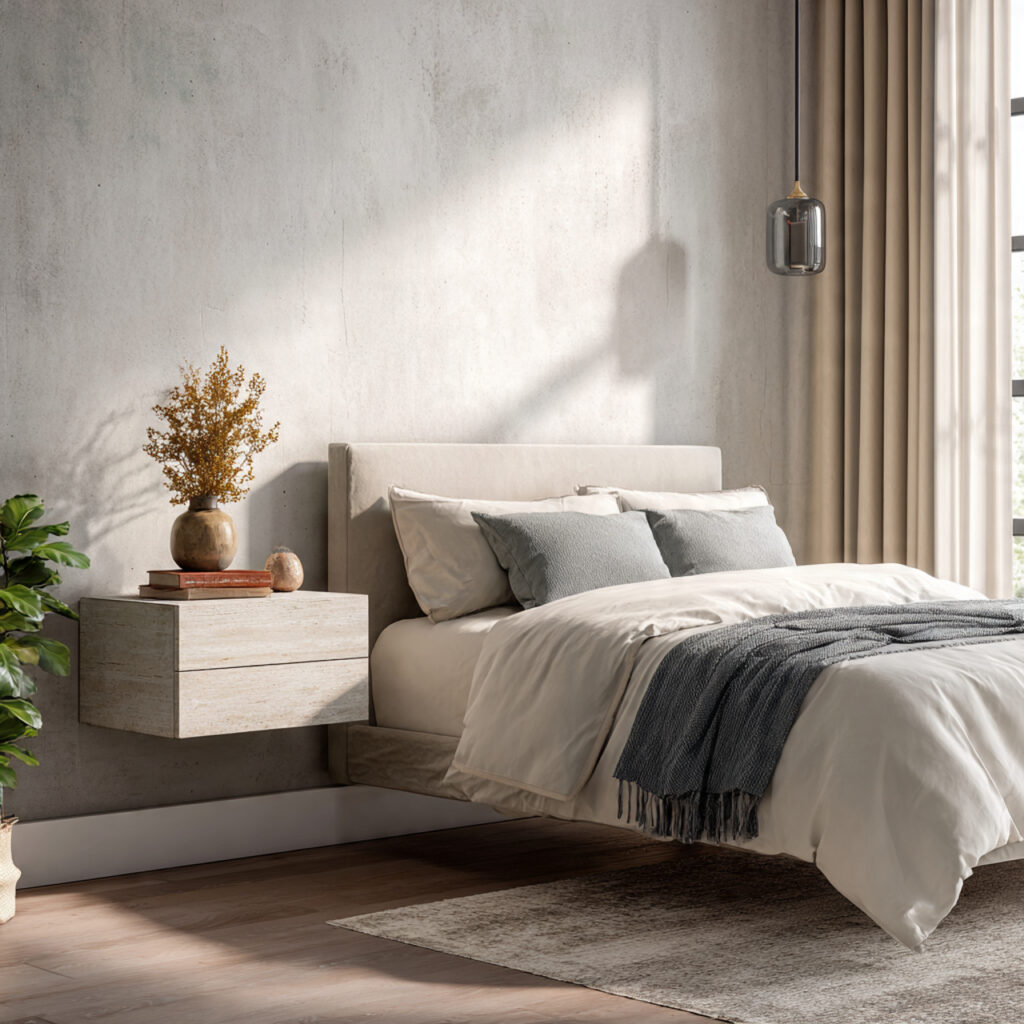 floating nightstands support a clean and minimalist