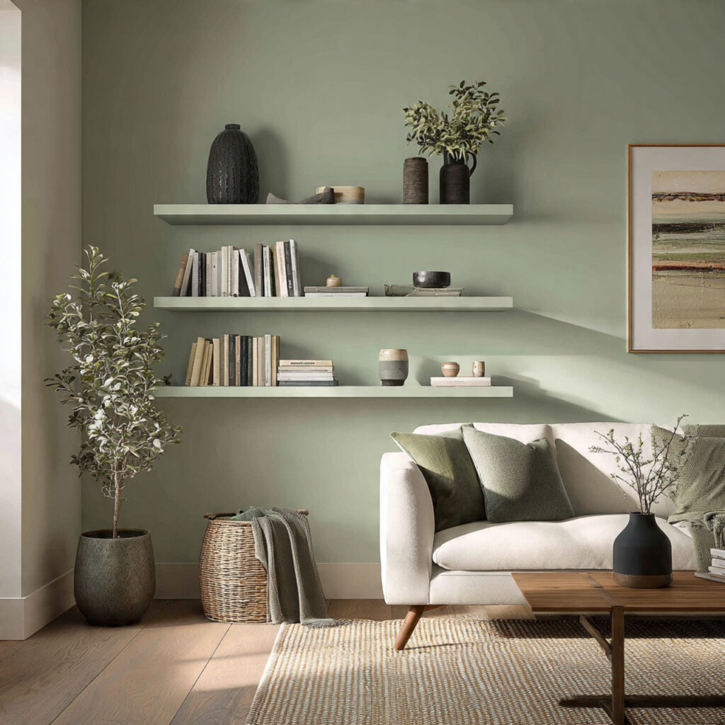26 Sage Green Living Room Ideas That Look Calm and Elegant 18 floating shelves with sage green styling in