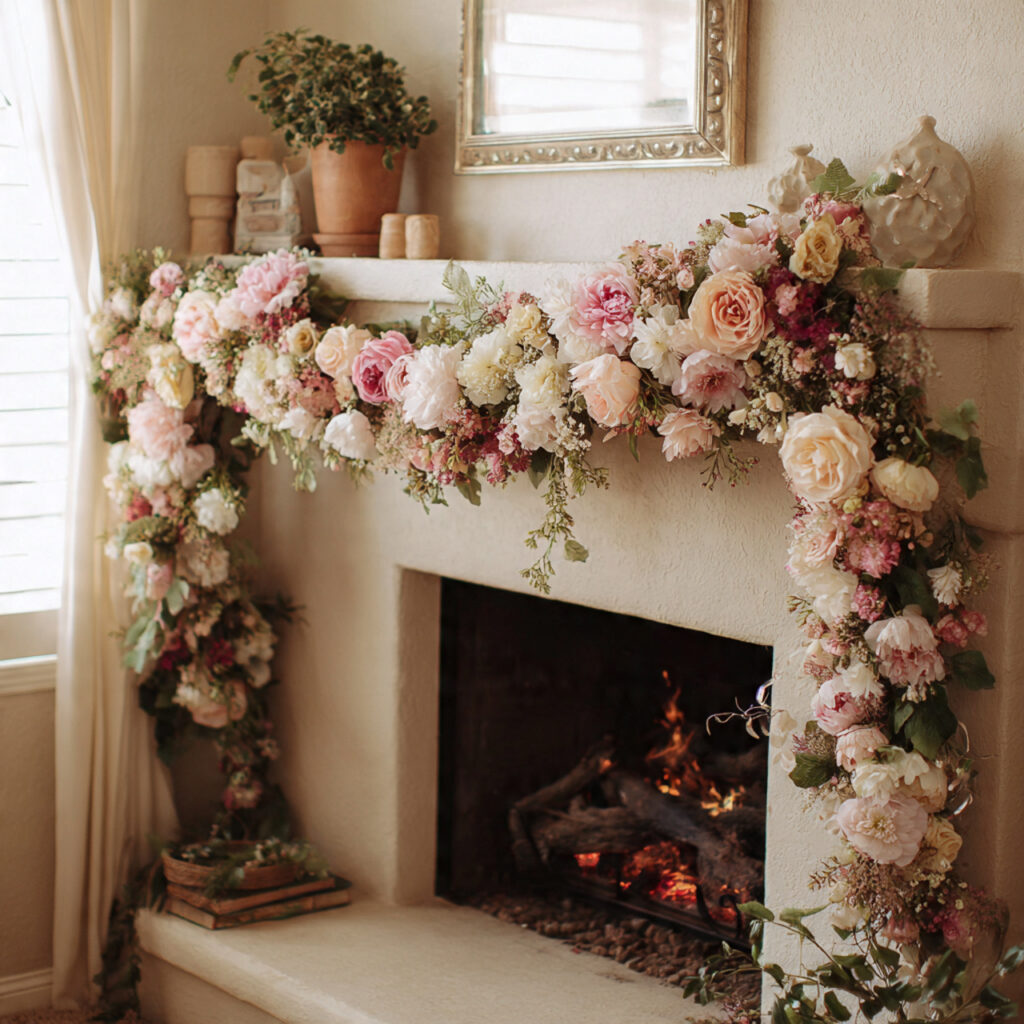 floral garlands draped across a valentine mantle