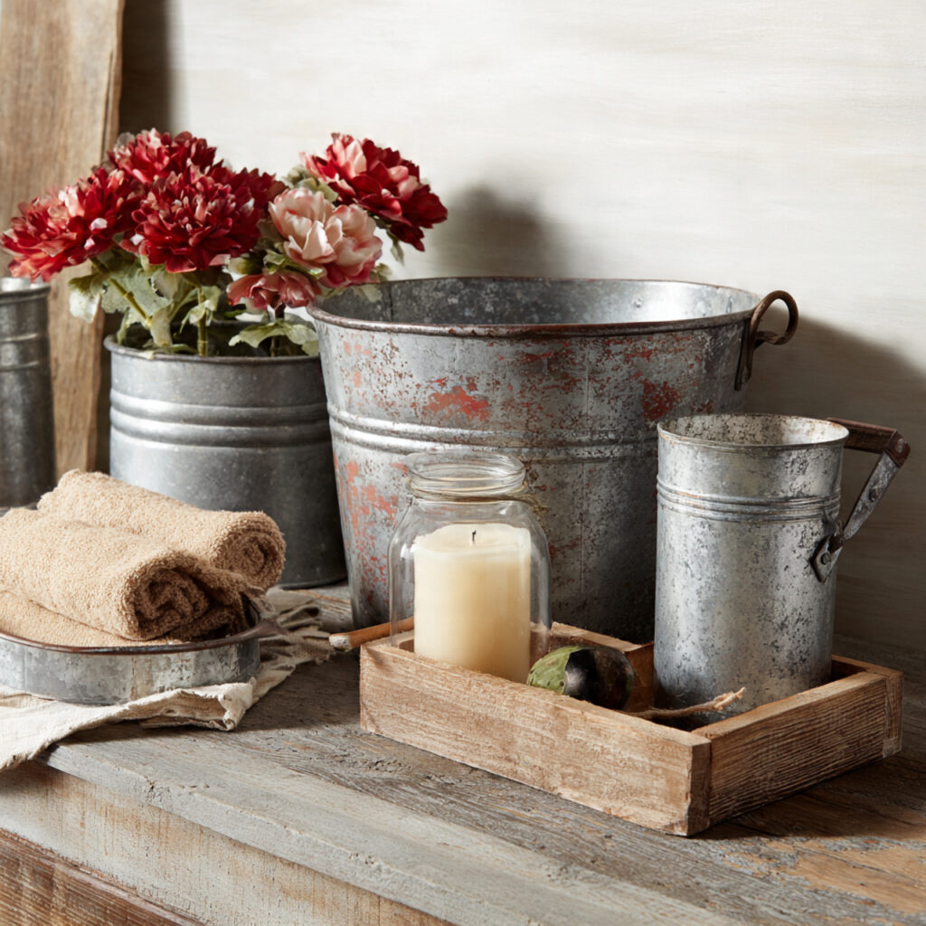 galvanized metal accents add rustic charm to