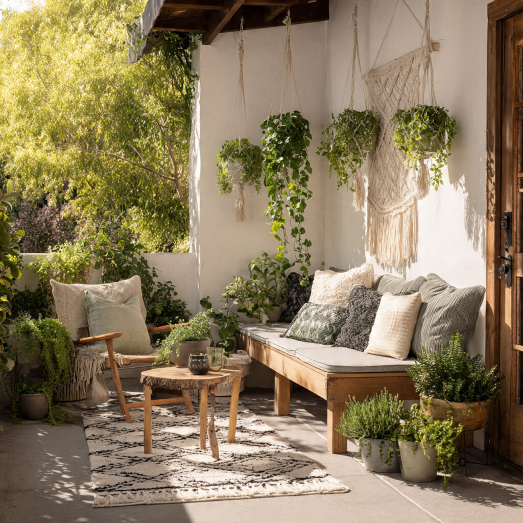 hanging plants add vertical interest to boho