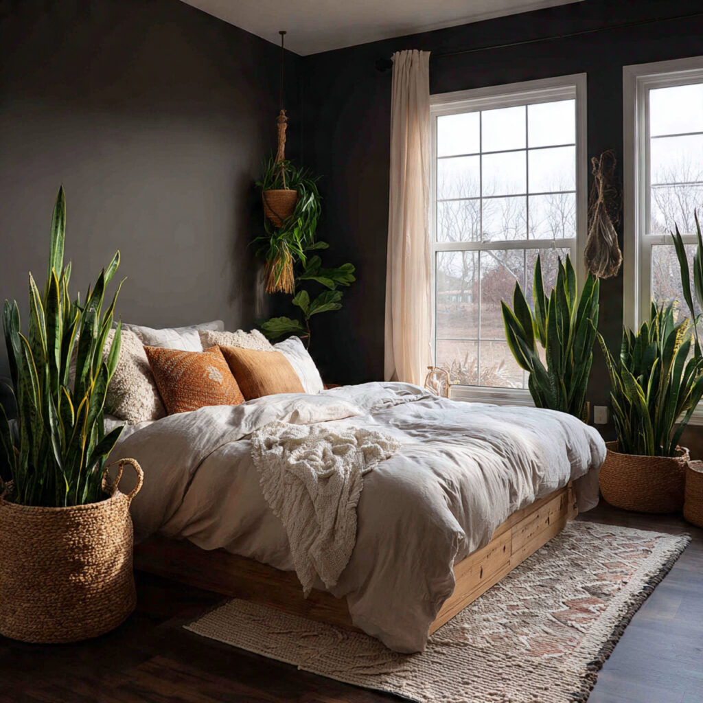 indoor plants bring life to dark boho
