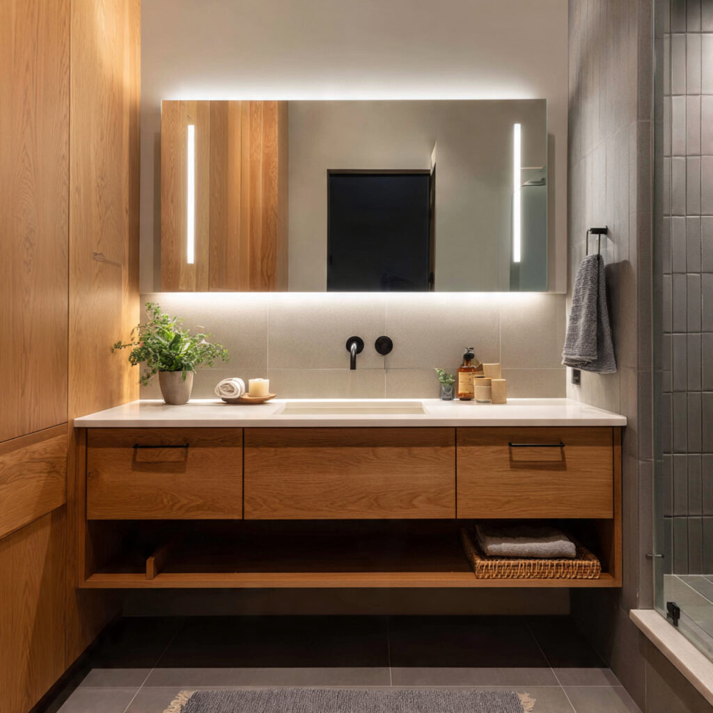 22 Japandi Bathroom Design Ideas for a Calm, Minimal, and Modern Look 11 japandi bathroom with floating vanity wooden cabinetry
