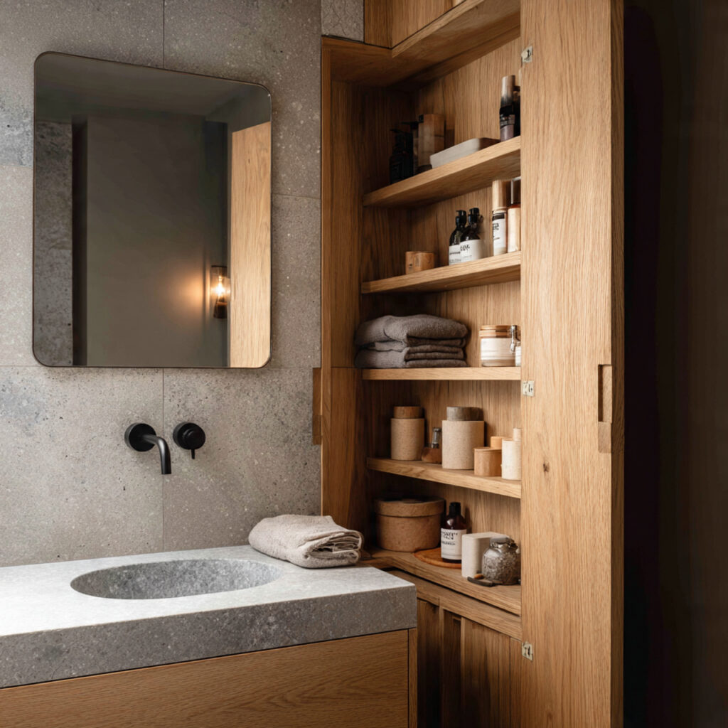 22 Japandi Bathroom Design Ideas for a Calm, Minimal, and Modern Look 15 japandi bathroom with hidden storage