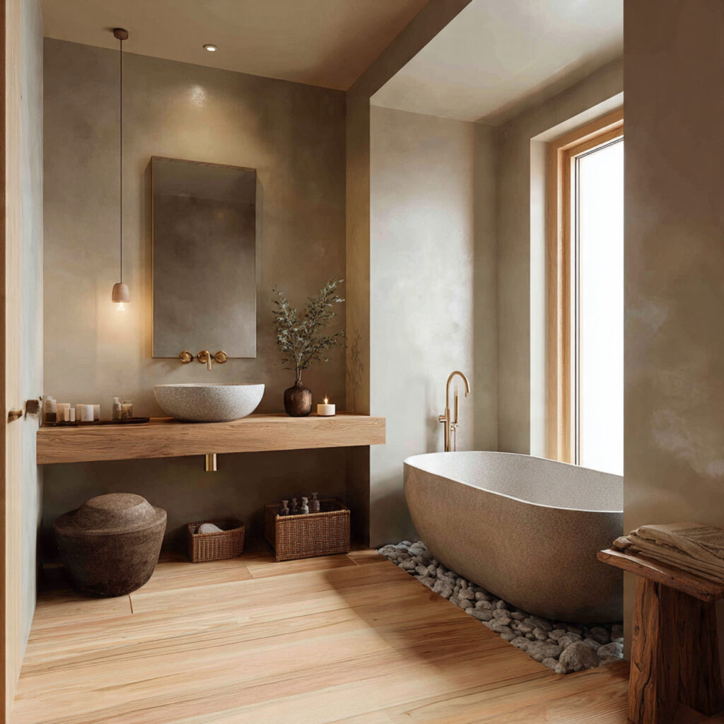 22 Japandi Bathroom Design Ideas for a Calm, Minimal, and Modern Look 17 japandi bathroom with light wood flooring