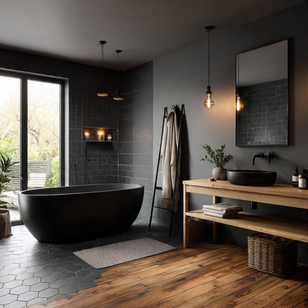 22 Japandi Bathroom Design Ideas for a Calm, Minimal, and Modern Look 7 japandi bathroom with matte black accents