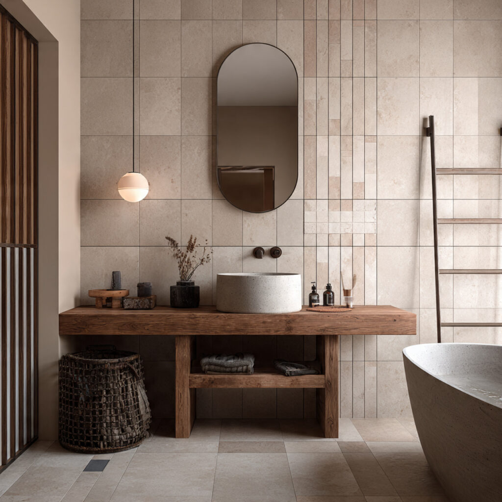 22 Japandi Bathroom Design Ideas for a Calm, Minimal, and Modern Look 19 japandi bathroom with neutral tile patterns