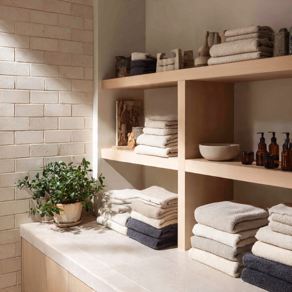 22 Japandi Bathroom Design Ideas for a Calm, Minimal, and Modern Look 8 japandi bathroom with simple open shelving displaying